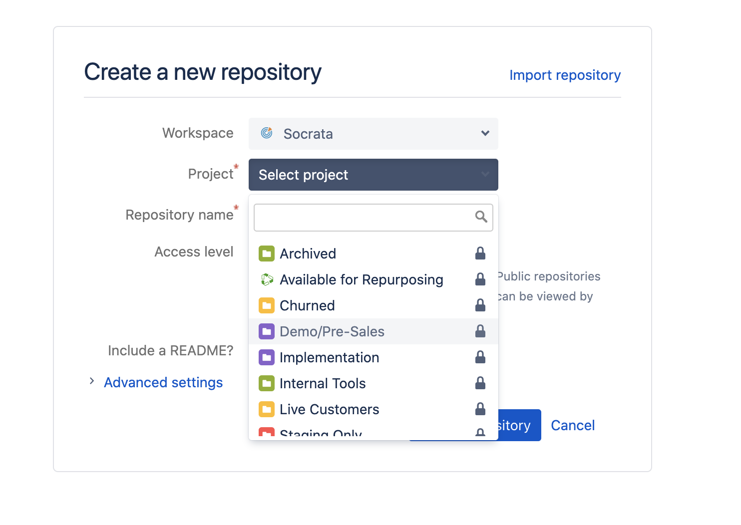 An example of choosing the repo project type
